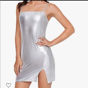 SHEIN Silver Metallic Holographic Halter Mini dress size small 4 NWOT